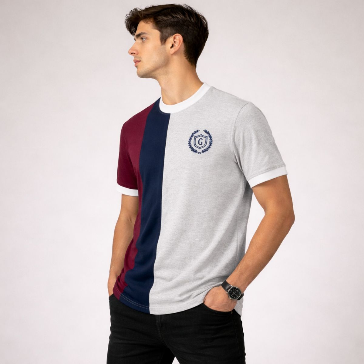 Men's Premium Vertical Panel Tee Shirt - Maroon / Navy / Grey