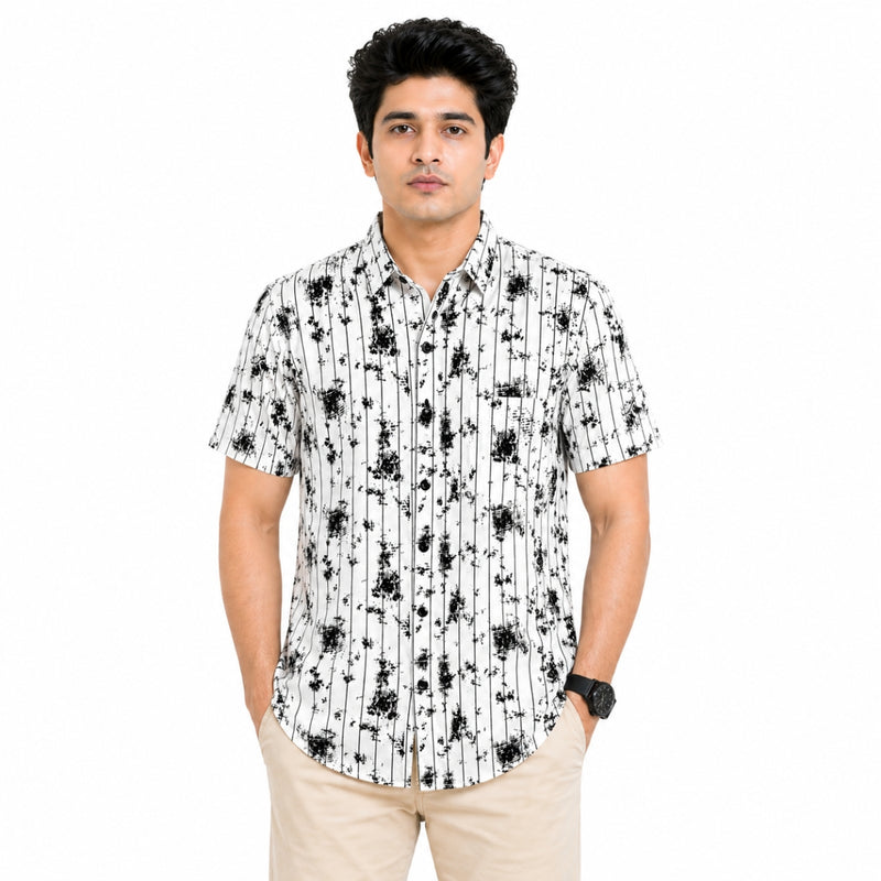 Men’s Abstract Grid Printed Casual Shirt - White