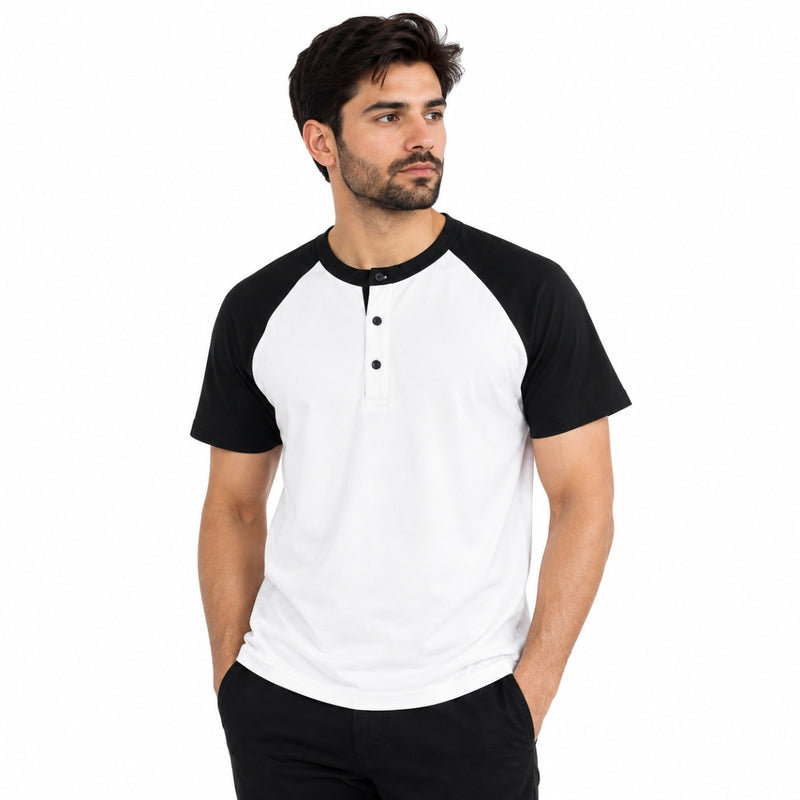 Men’s Casual Comfort Raglan Henley Tee Shirt – White