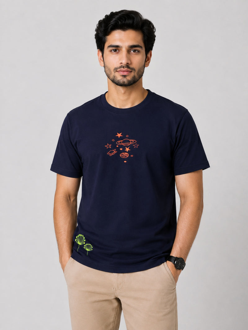 Galaxy Embroidered Men Tee Shirt - Navy