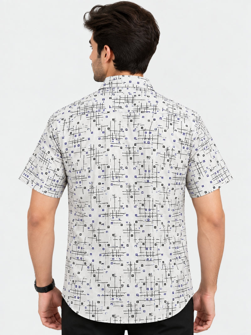 Men’s Geometric Pattern Half Sleeve Casual Shirt – White