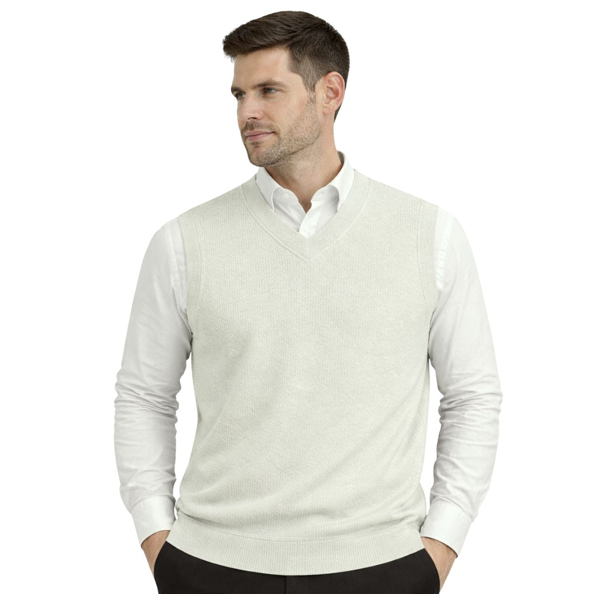 HG Men's Ribbed V-Neck Sleeveless Sweater - Textured Off White