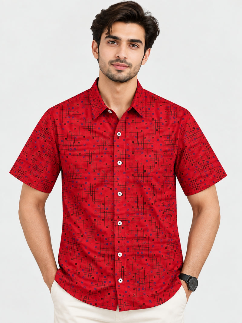 Men’s Geometric Pattern Half Sleeve Casual Shirt – Red