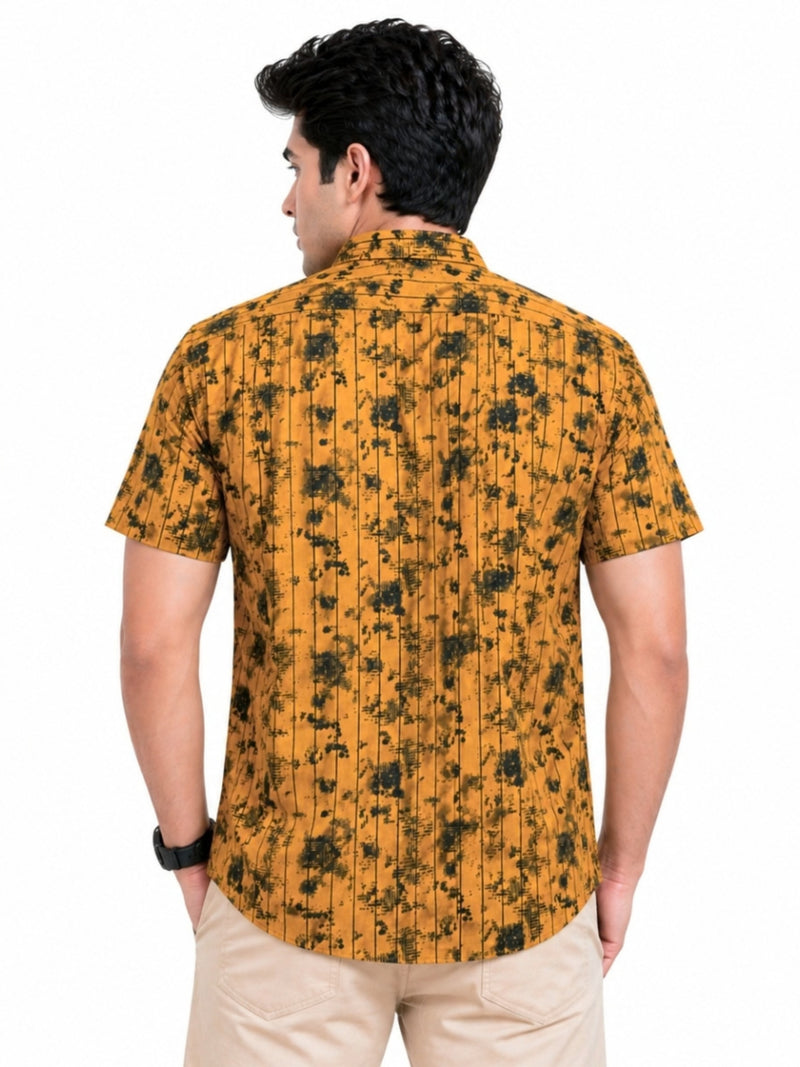 Men’s Abstract Grid Printed Casual Shirt - Mustard