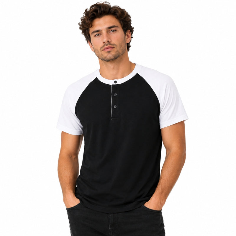 Men’s Casual Comfort Raglan Henley Tee Shirt – Black