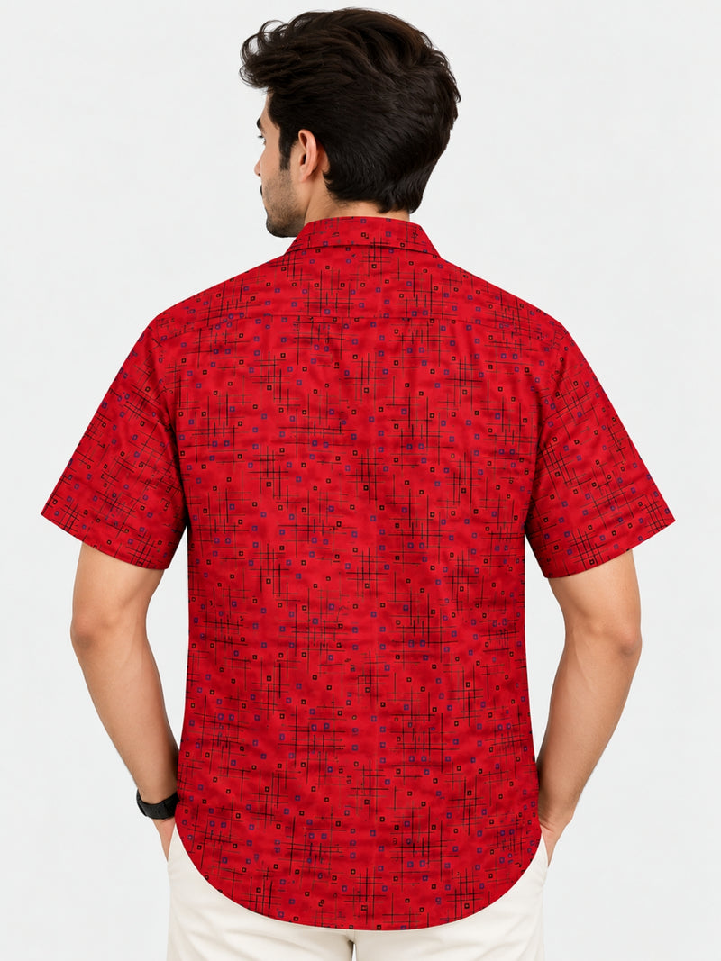 Men’s Geometric Pattern Half Sleeve Casual Shirt – Red