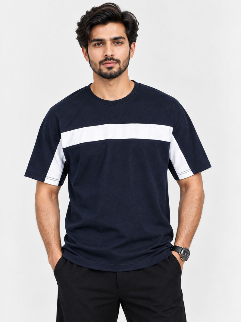 Oversize White Body Panel Fashion Tee Shirt - Navy
