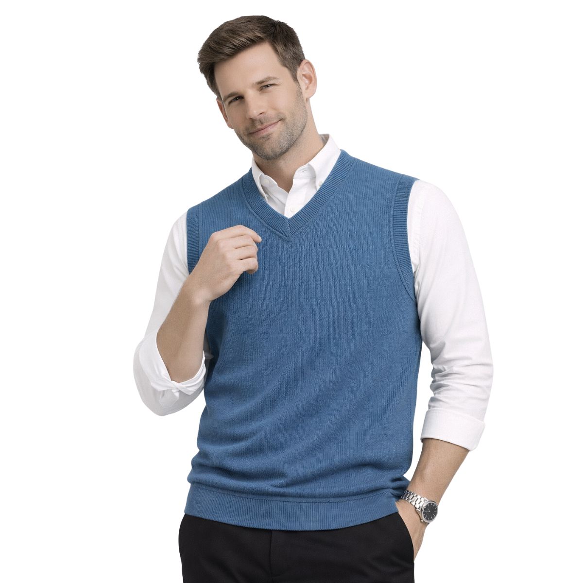 HG Men's Ribbed V-Neck Sleeveless Sweater - Dusky Blue