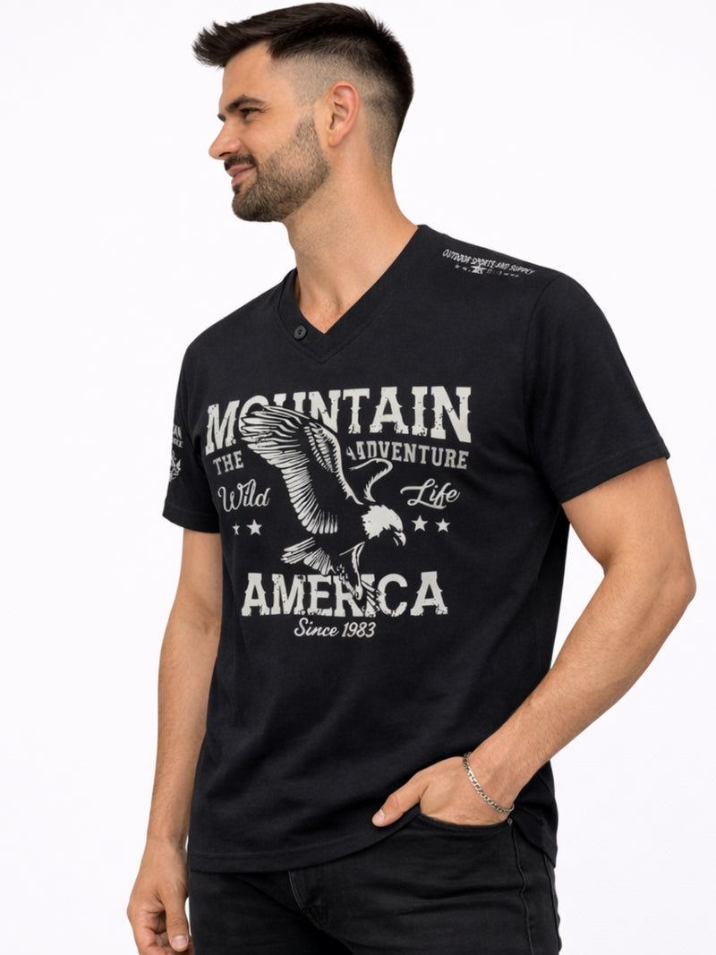 Men's Graphic Printed V Neck Tee Shirt - Black