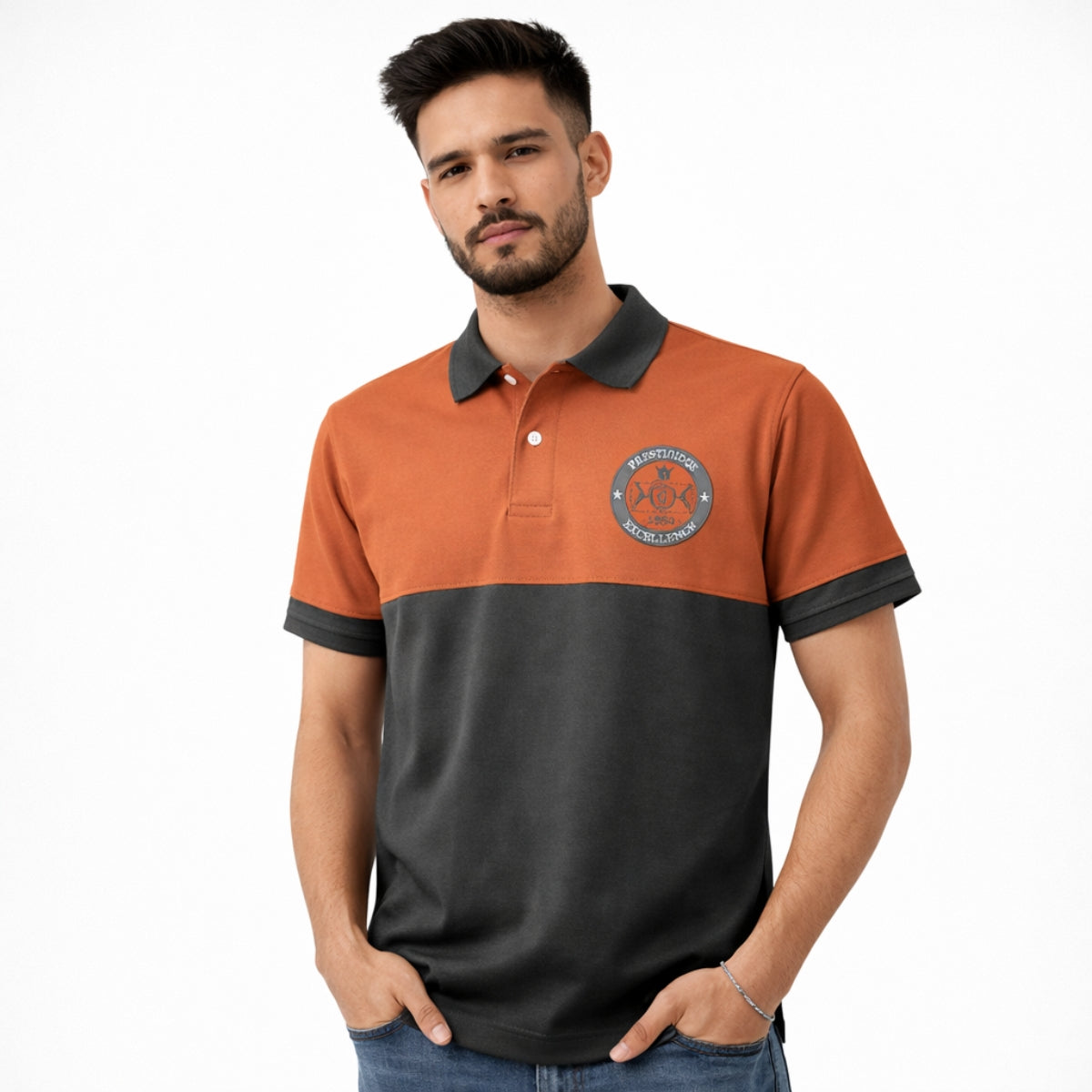Men's Signature Emb Luxury Panel Polo - Rust & Dark Gray
