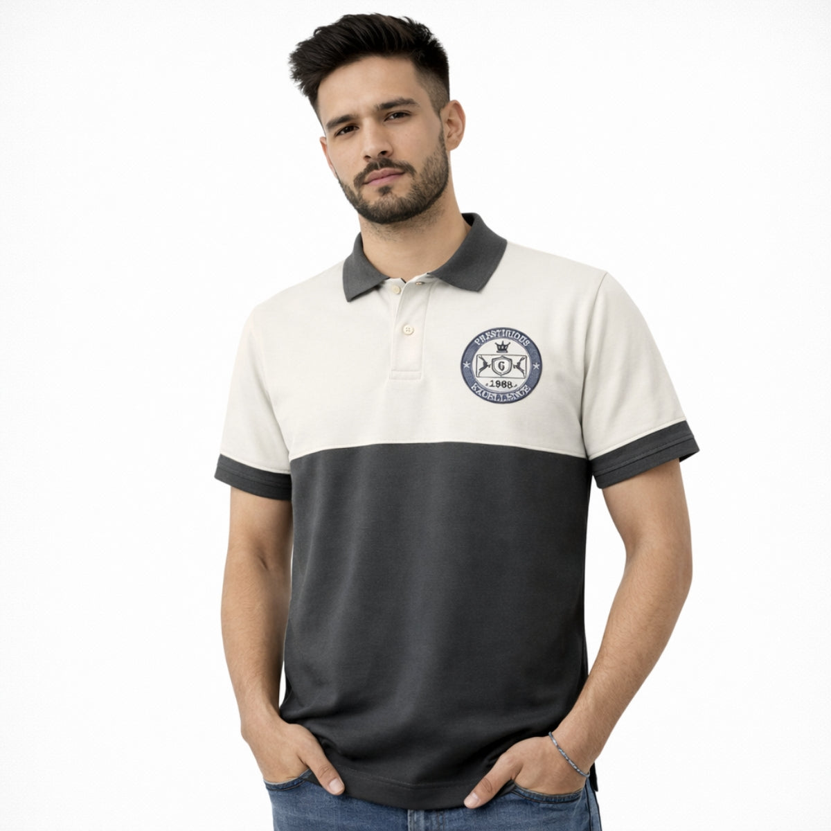 Men's Signature Emb Luxury Panel Polo - White & Dark Gray