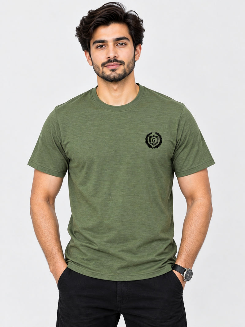 Men's Signature Emb. Round Neck Tee Shirt - Olive Green