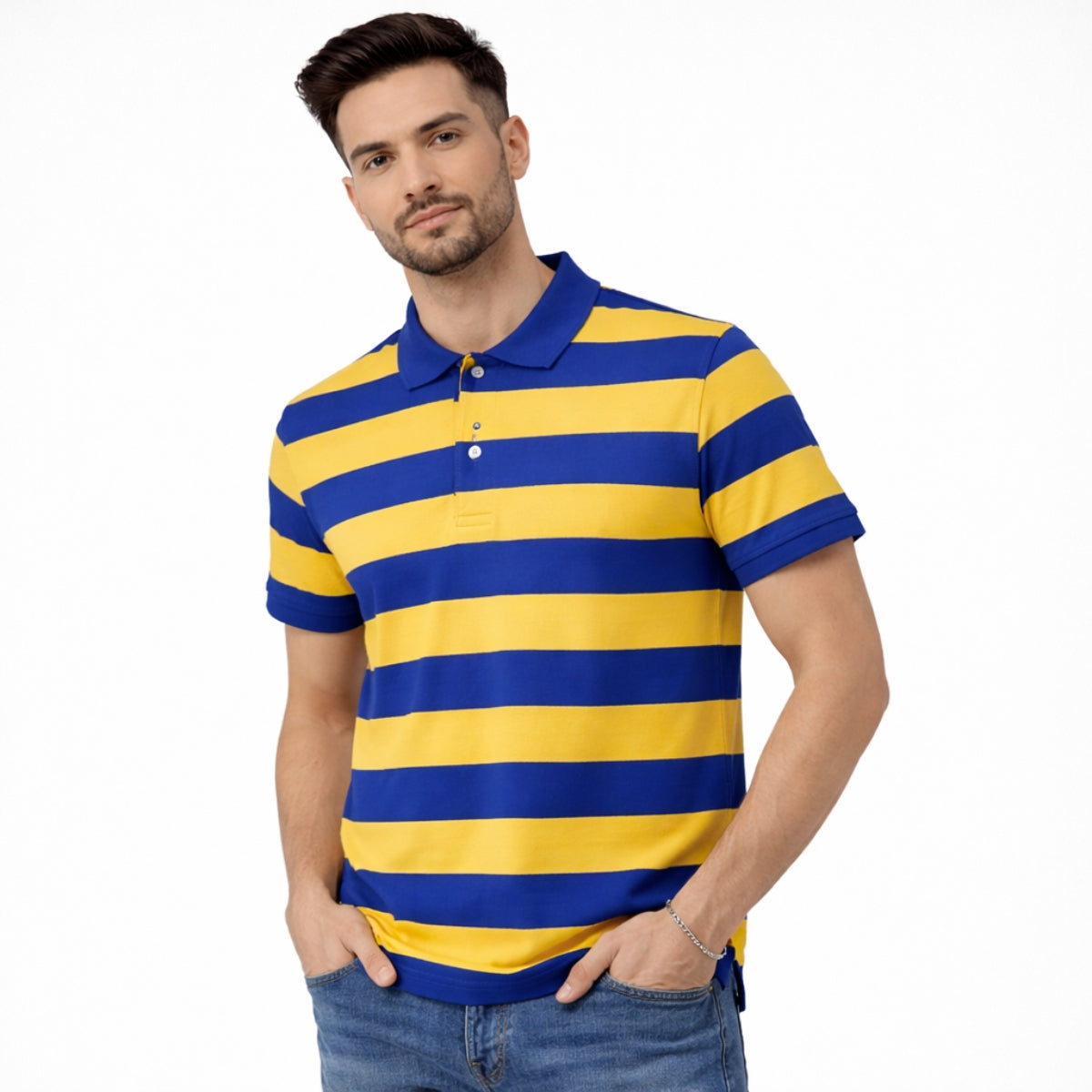 Men's Bold Stripes Jersey Polo Shirt - Royal Blue & Yellow