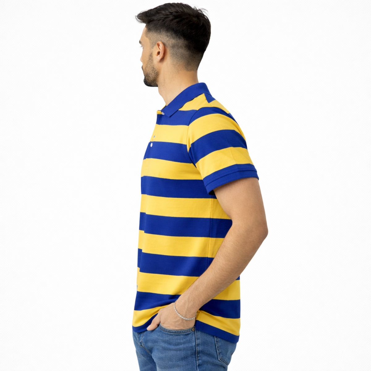 Men's Bold Stripes Jersey Polo Shirt - Royal Blue & Yellow