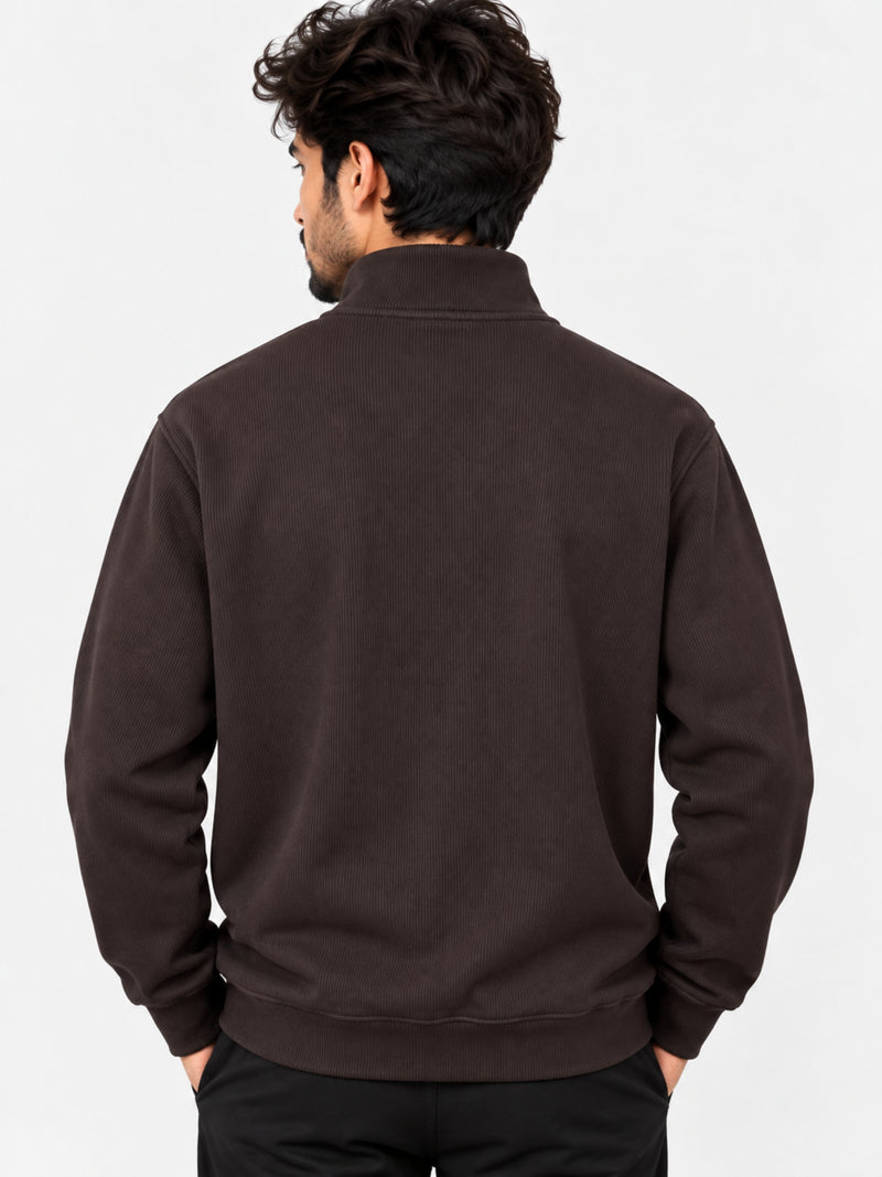 HG Men's Mock Neck Rib Knitted Full Sleeves Zipper Shirt - Choclate Brown