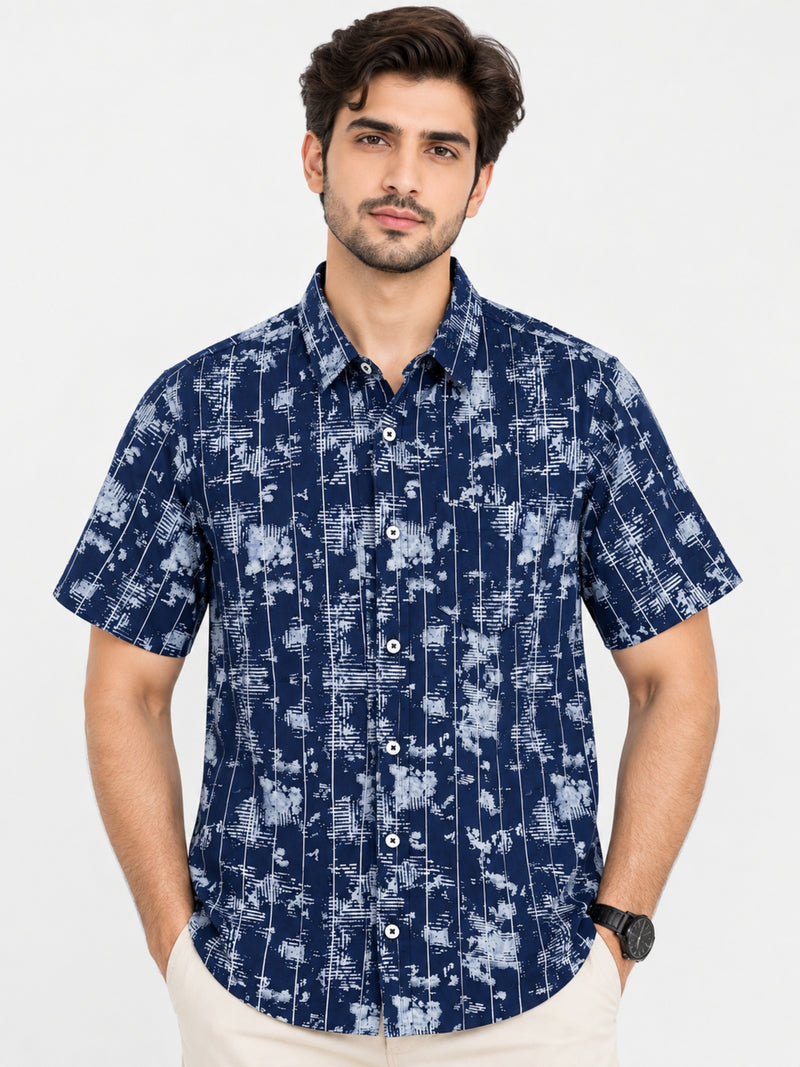 Men’s Abstract Grid Printed Casual Shirt - Navy