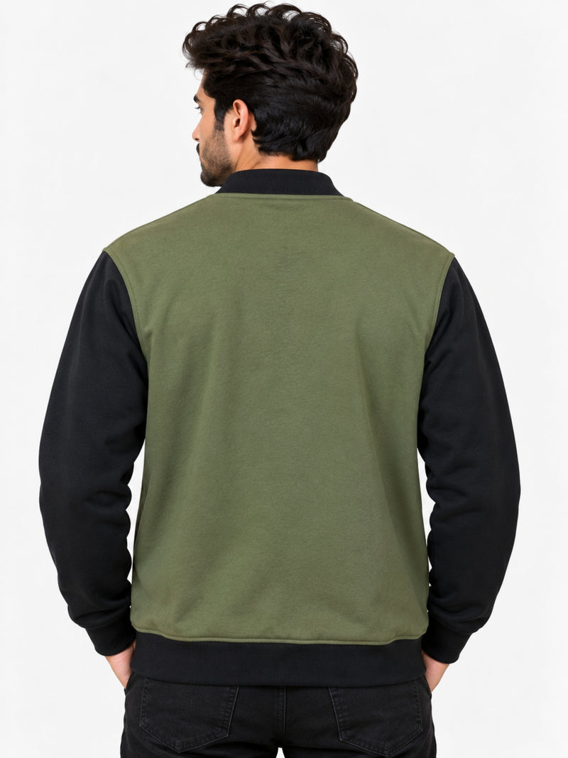 HG Contrast Sleeves Exclusive Fleece Zipper Jacket - Olive Green