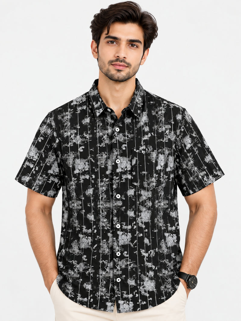 Men’s Abstract Grid Printed Casual Shirt - Black