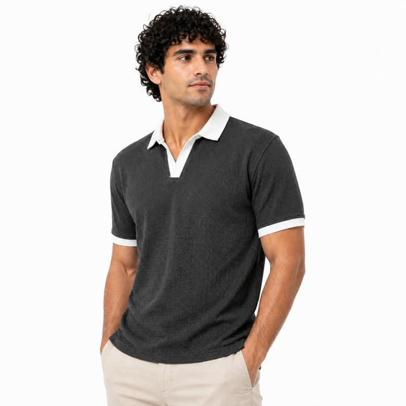 Men’s Classic Thermal Knit Contrast Collar Polo Shirt – Charcoal Gray