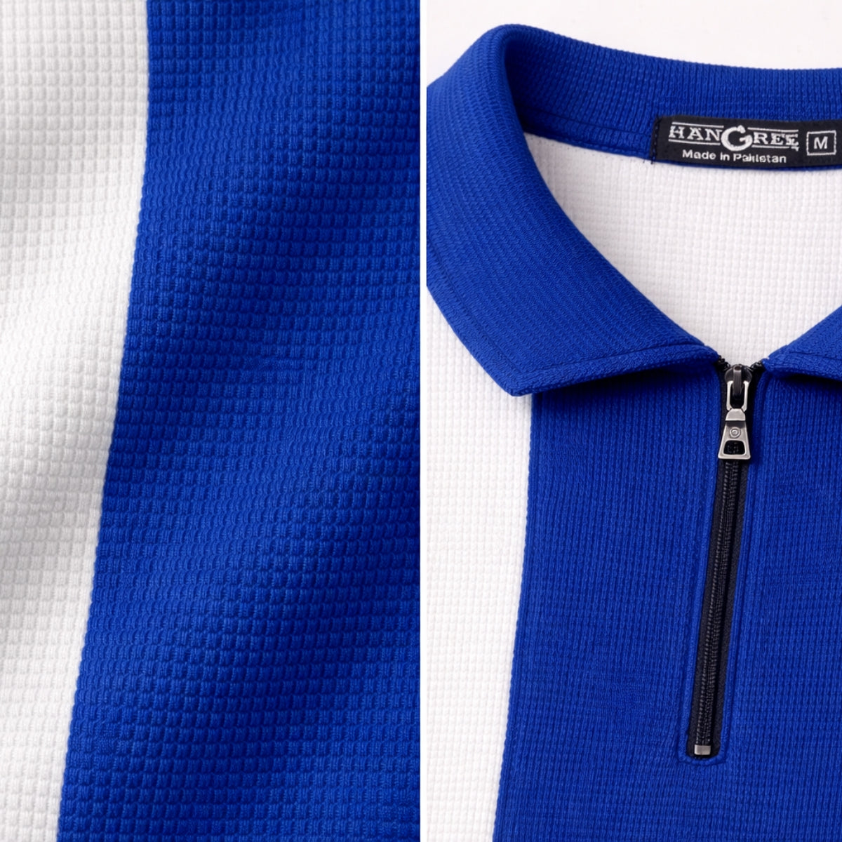 Men’s Premium Thermal Knit Half-Zip Polo Shirt – White & Blue