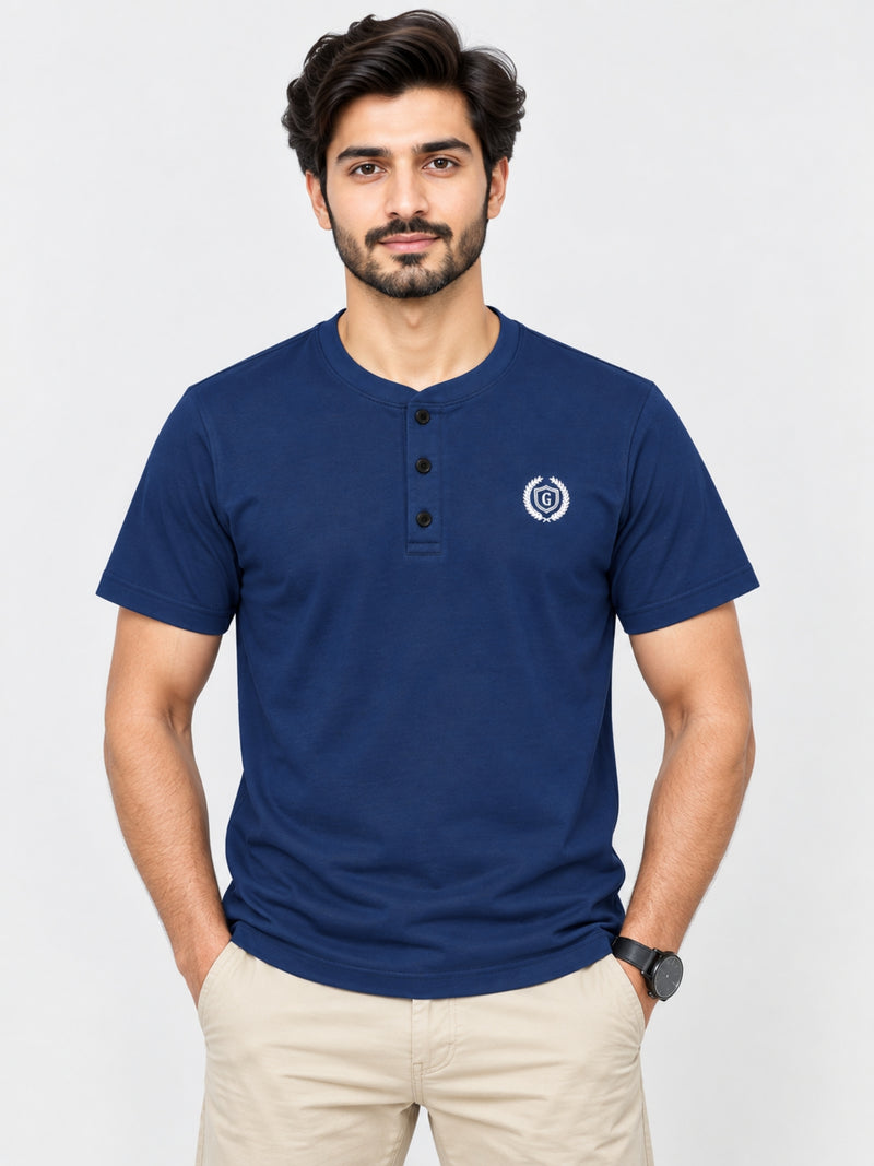 Signature Embroidered Henley Shirt - Navy Blue