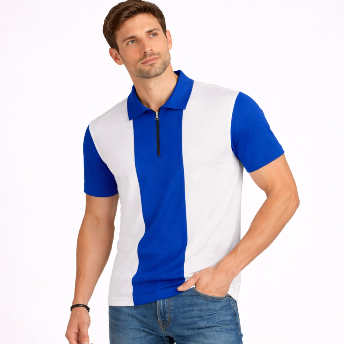 Men’s Premium Thermal Knit Half-Zip Polo Shirt – White & Blue