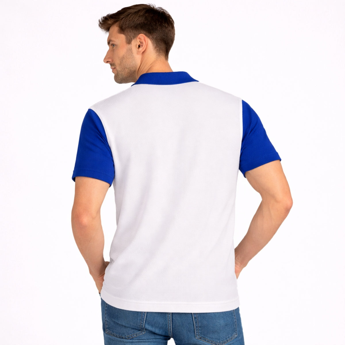 Men’s Premium Thermal Knit Half-Zip Polo Shirt – White & Blue