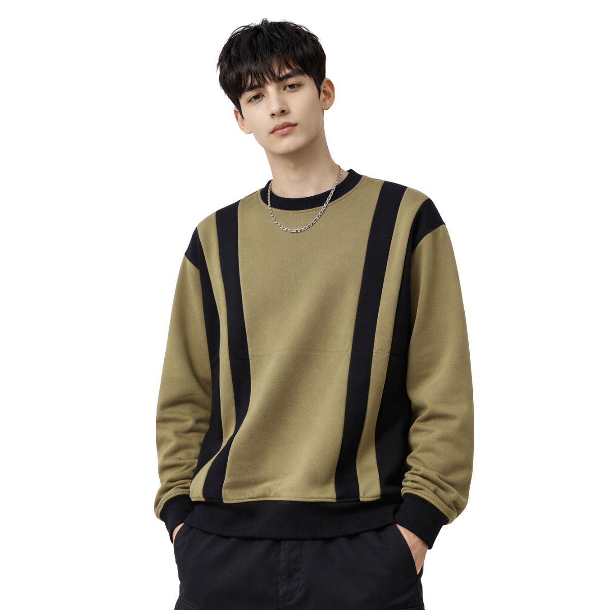 HG Cut & Sew Color-Block Crewneck Terry Sweat Shirt – Brown