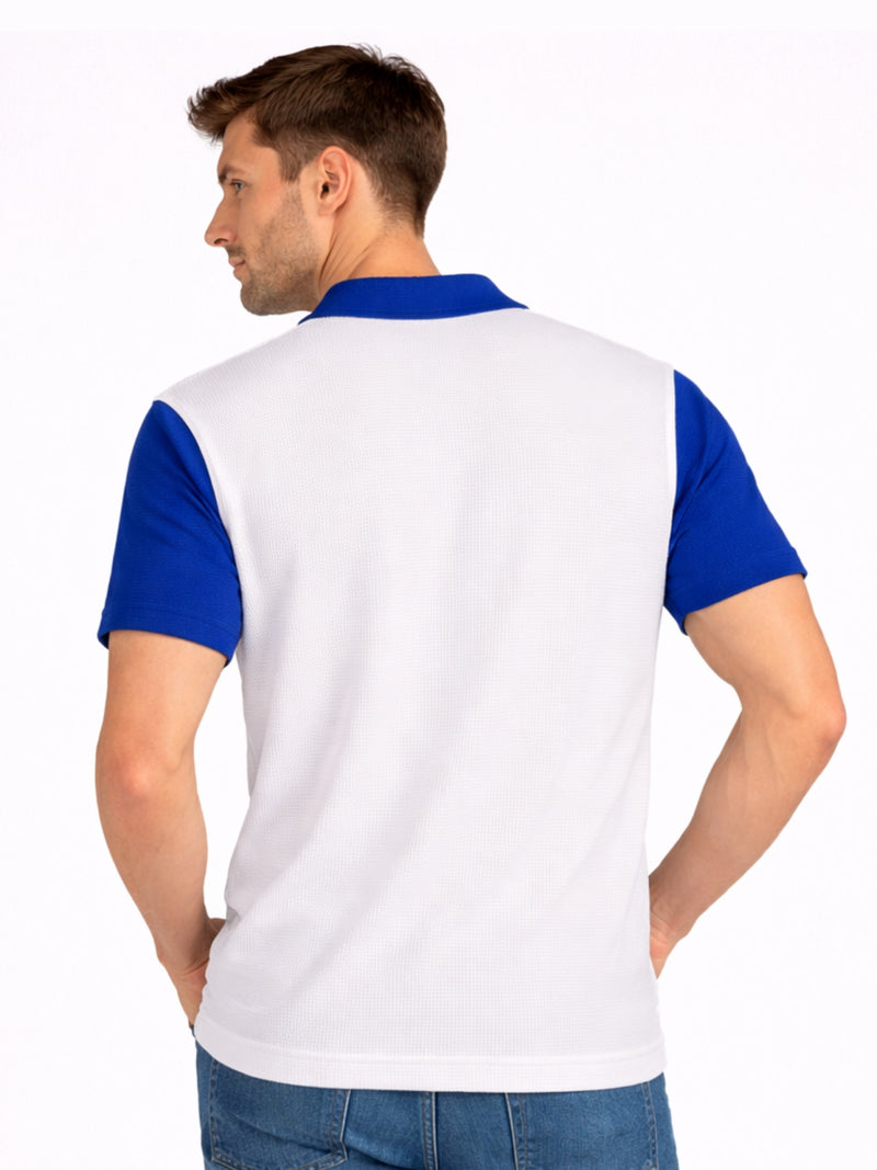 Men’s Premium Thermal Knit Half-Zip Polo Shirt – White & Blue