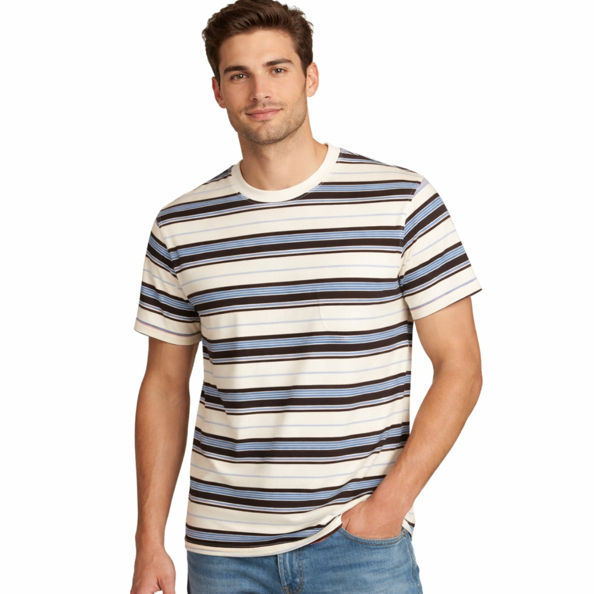 Men’s Yarn Dyed Striped Round Neck T-Shirt – Cream Multi