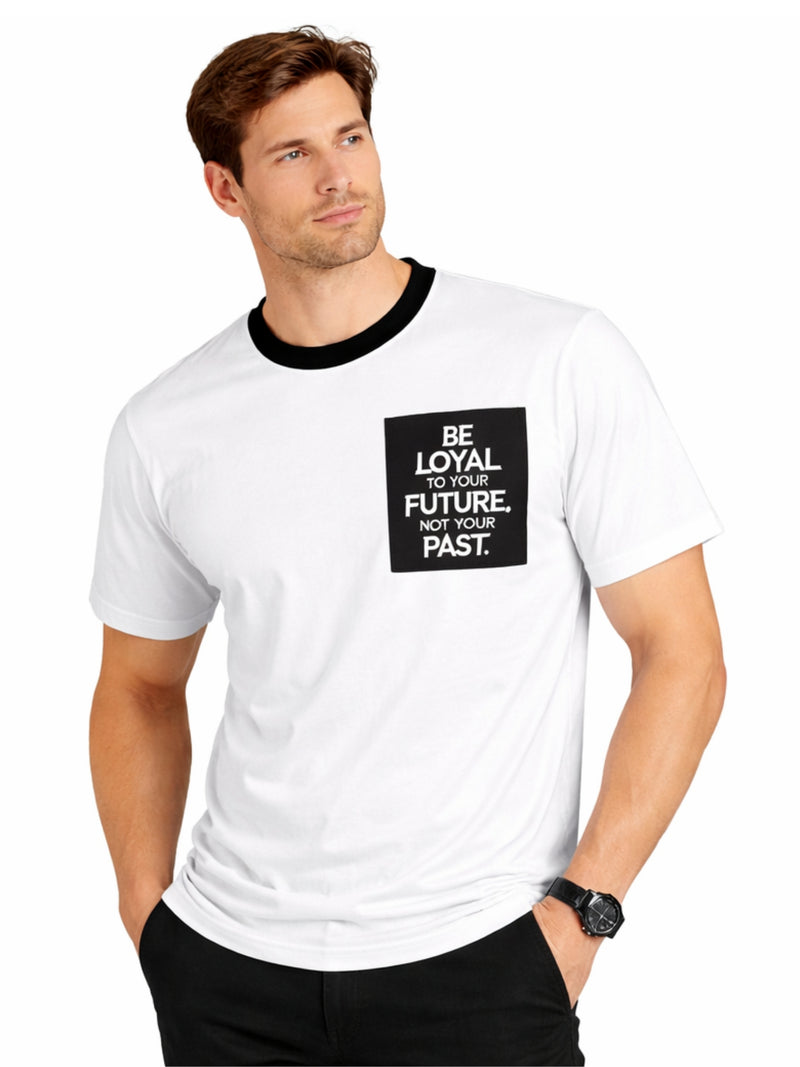 Men's Round Neck Contrast Printed Pocket Tee Shirt - White