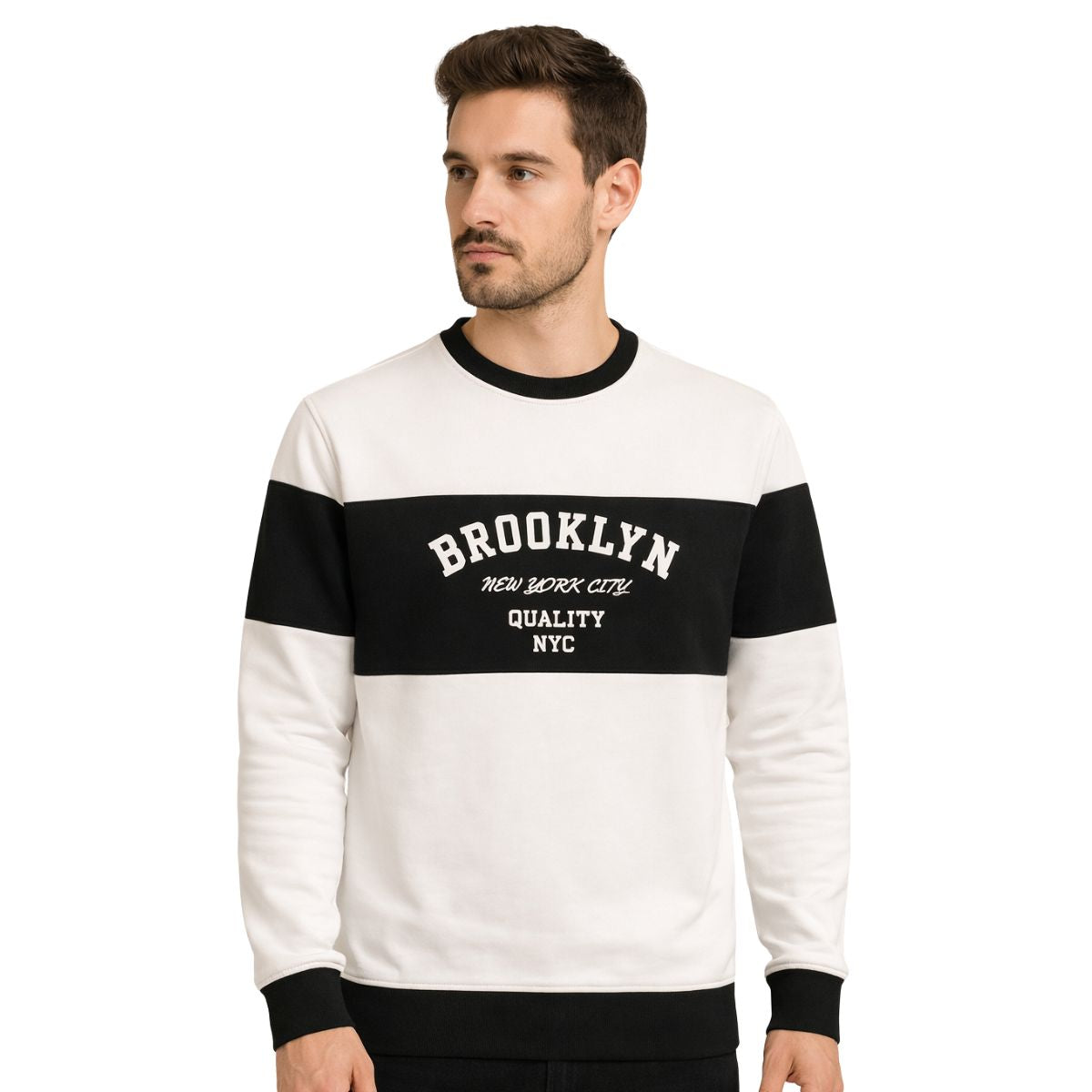 Cut & Sew "Brooklyn" Printed Panel Interlock Sweat Shirt - White
