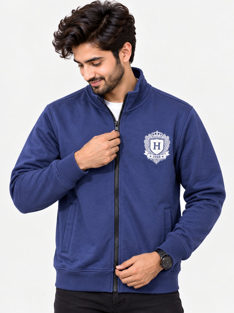 Mock Neck Fleece Zipper Jacket With Badge - Navy