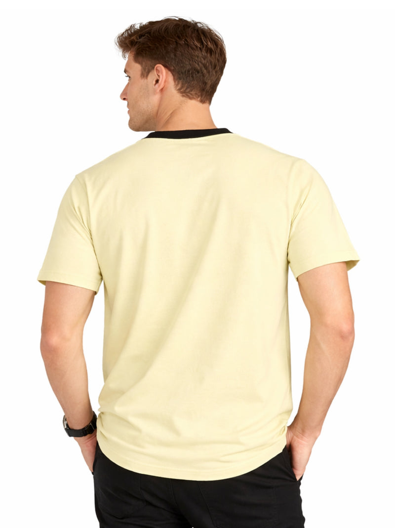 Men's Round Neck Contrast Printed Pocket Tee Shirt - Soft Yellow