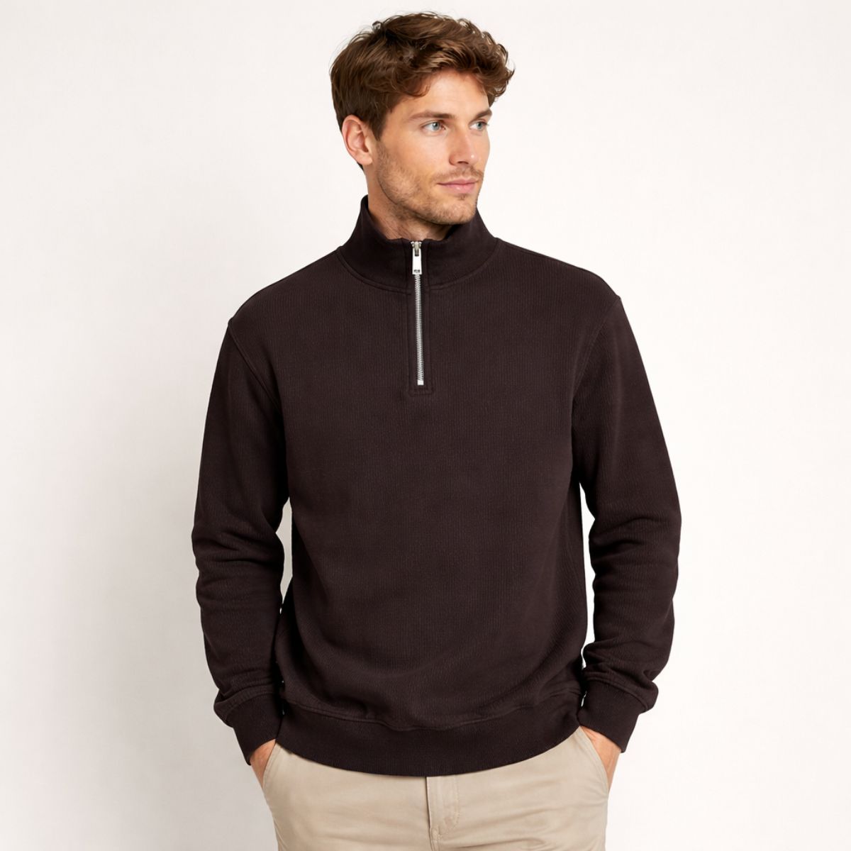 HG Men's Mock Neck Rib Knitted Full Sleeves Zipper Shirt - Choclate Brown