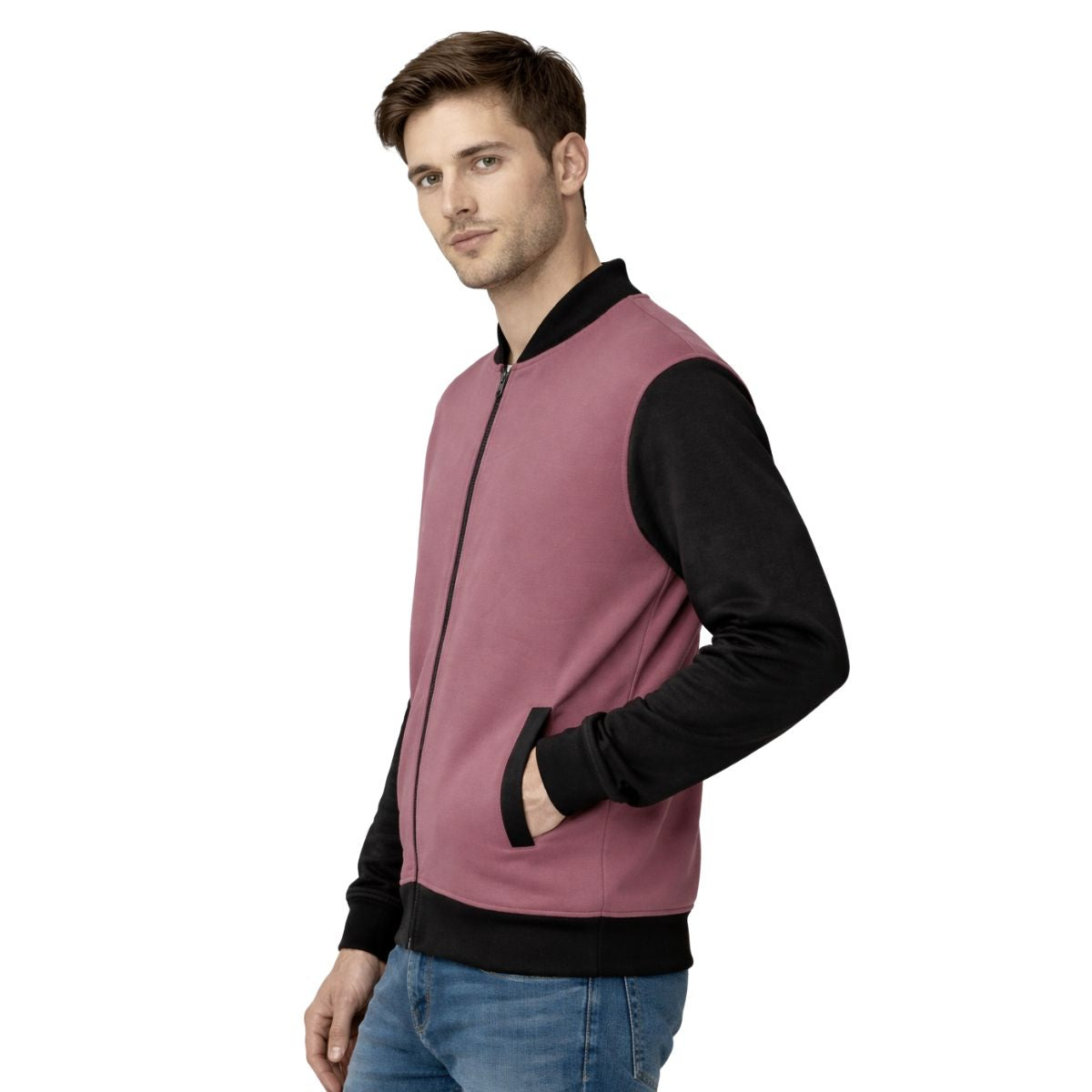 HG Contrast Sleeves Exclusive Fleece Zipper Jacket - Copper Rose