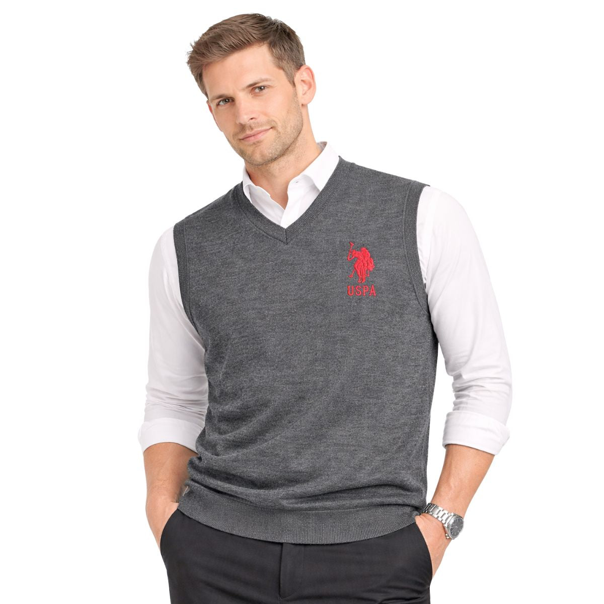 Mens Rib Knitted Sleeveless Sweater - Charcoal Gray