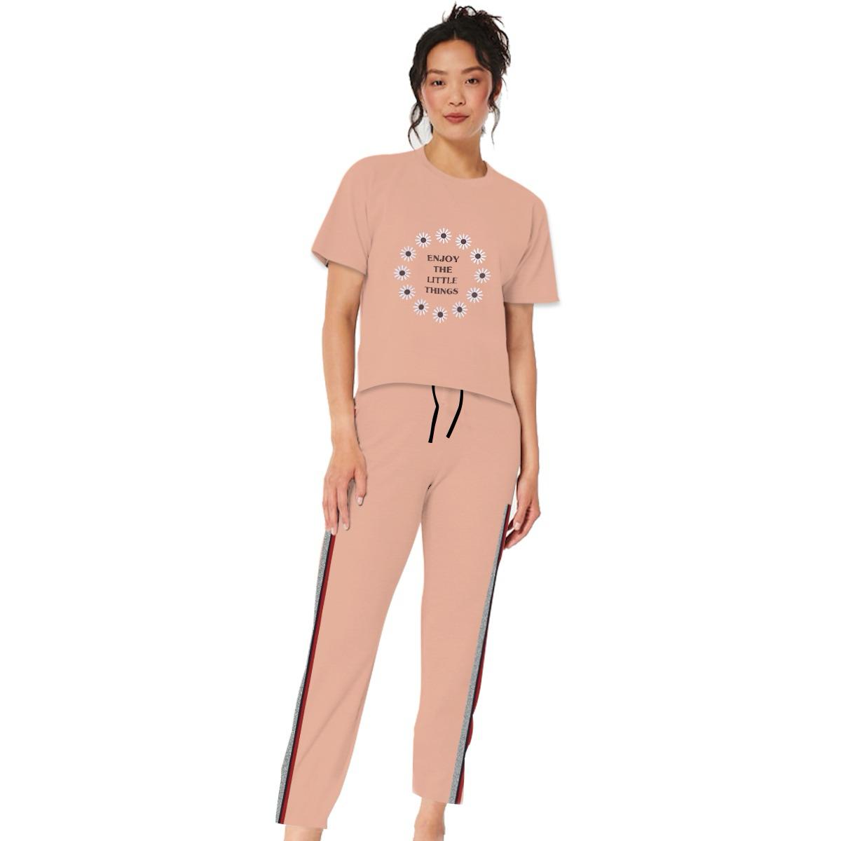 Women's Exclusive Printed Soft Cotton Summer Tracksuit - Peach