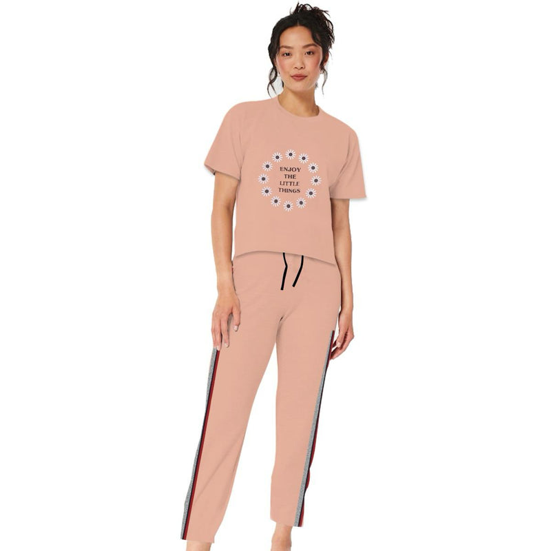 Women's Exclusive Printed Soft Cotton Summer Tracksuit - Peach