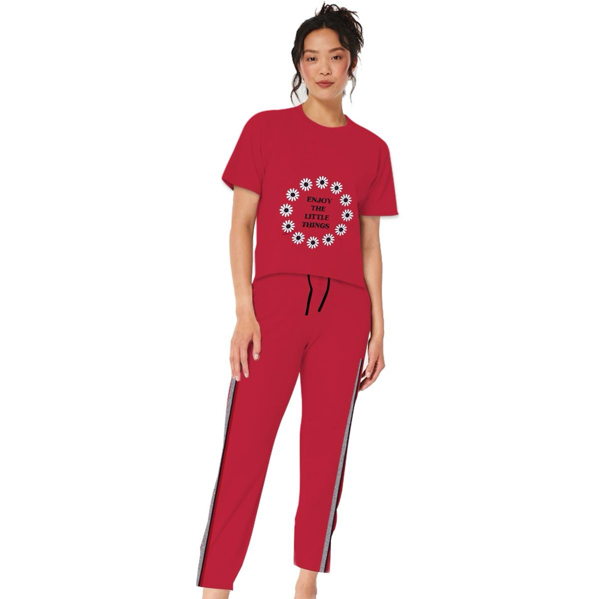 Women's Exclusive Printed Soft Cotton Summer Tracksuit - Red