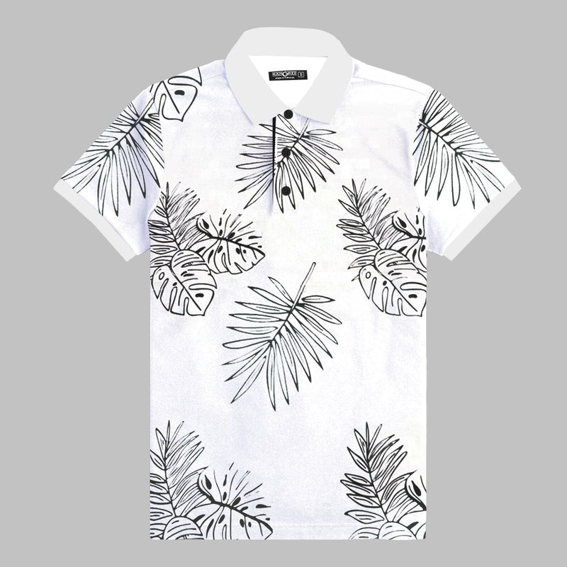 HG All Over Floral Printed Polo Shirt For Men's - Titan White