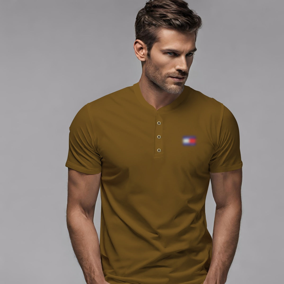 Men's Emb. Ban Collar Henley Polo Shirt - Medium Brown