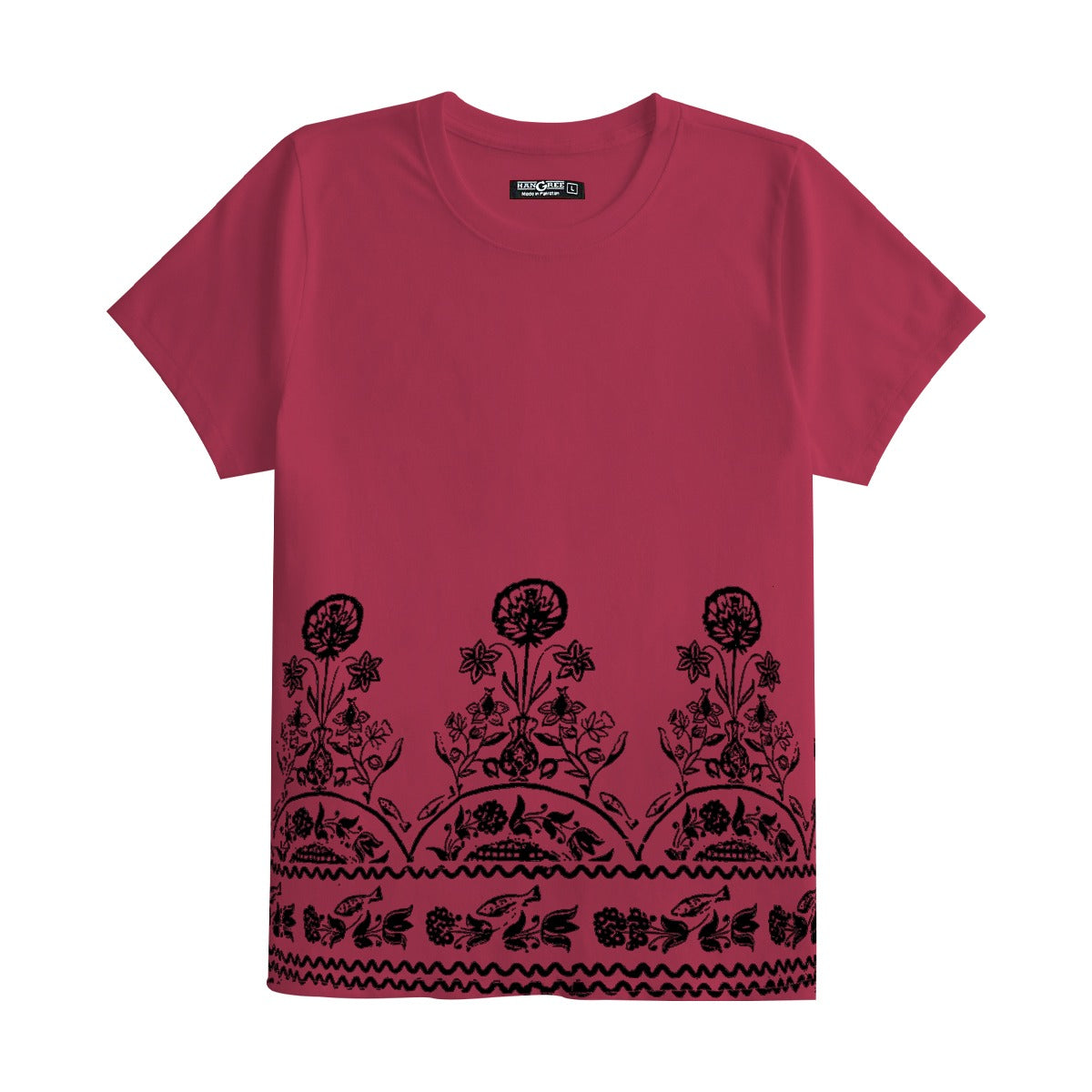 Women Floral Printed Tee Shirt - Burgundy