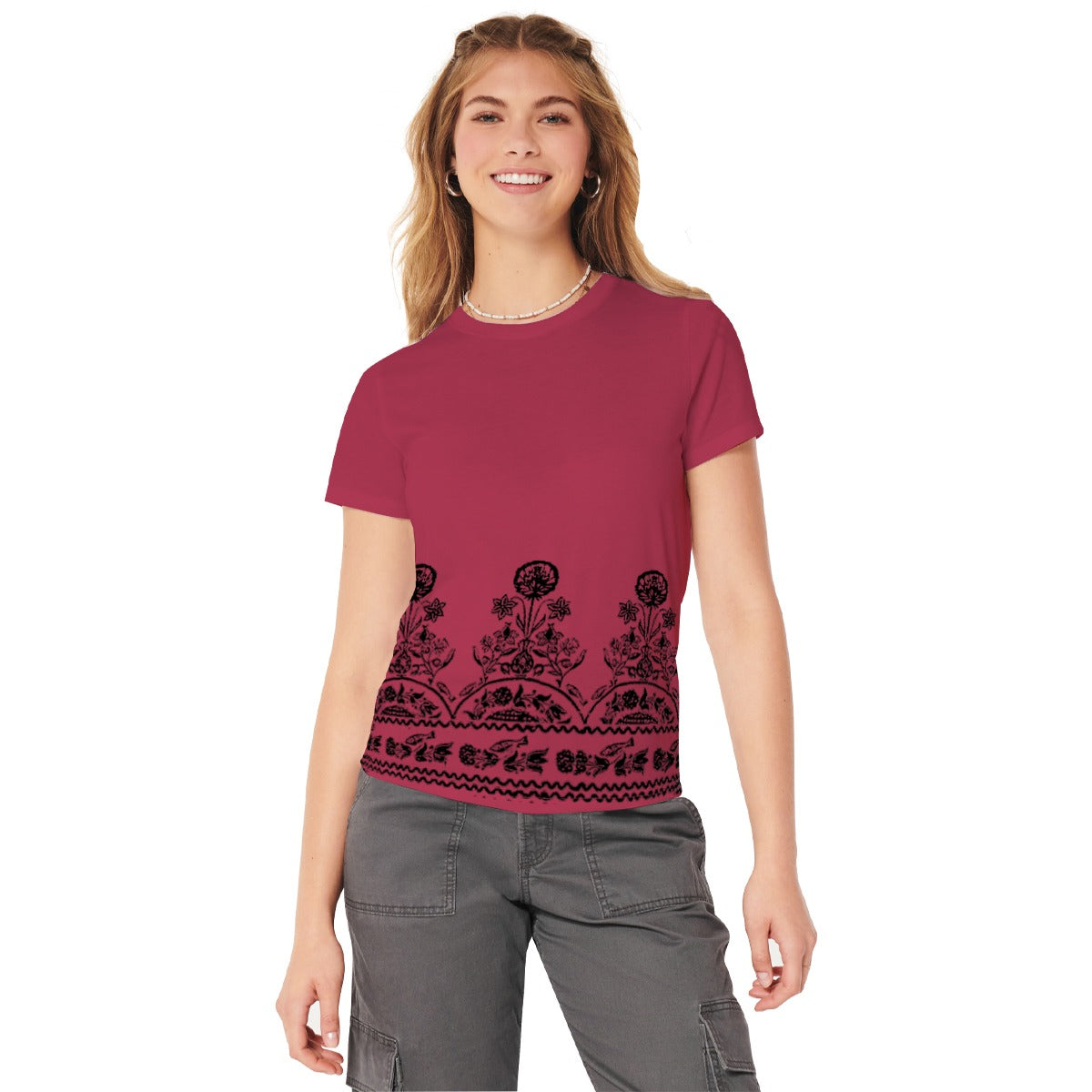Women Floral Printed Tee Shirt - Burgundy