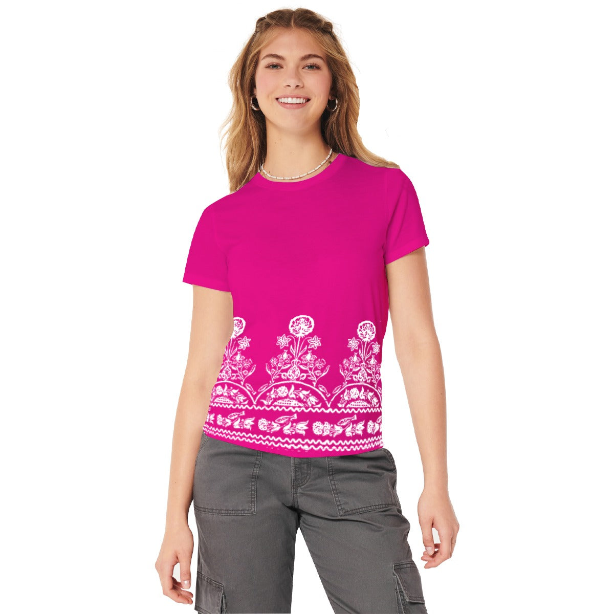 Women Floral Printed Tee Shirt - Barbie Pink