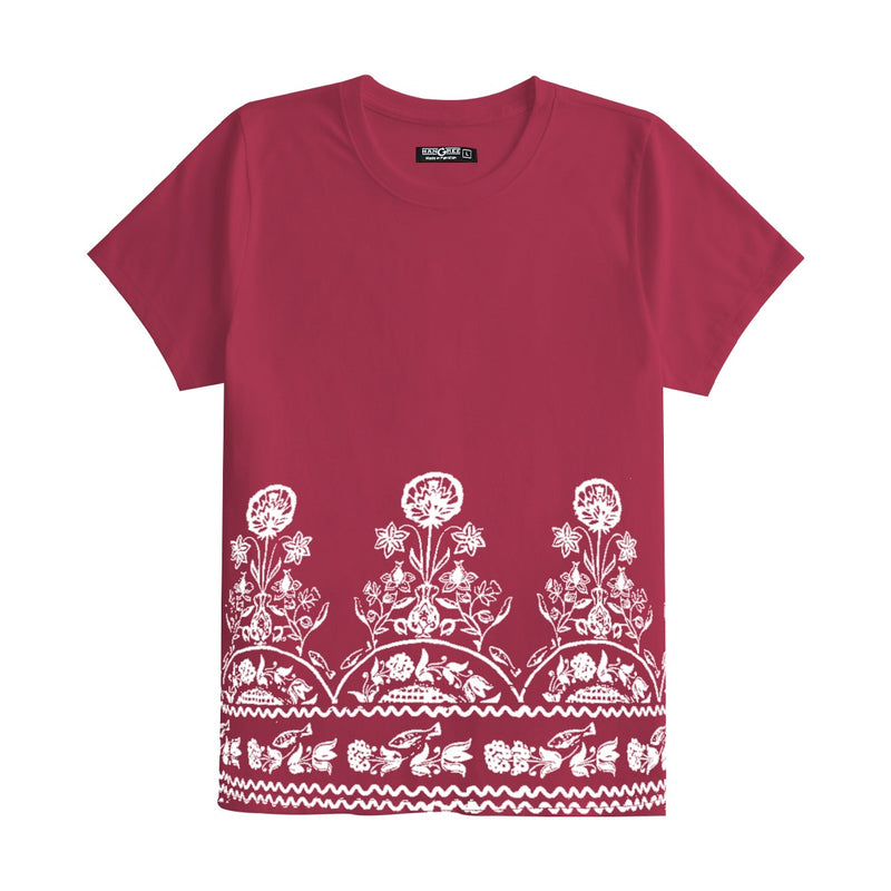Women Floral Printed Tee Shirt - Burgundy
