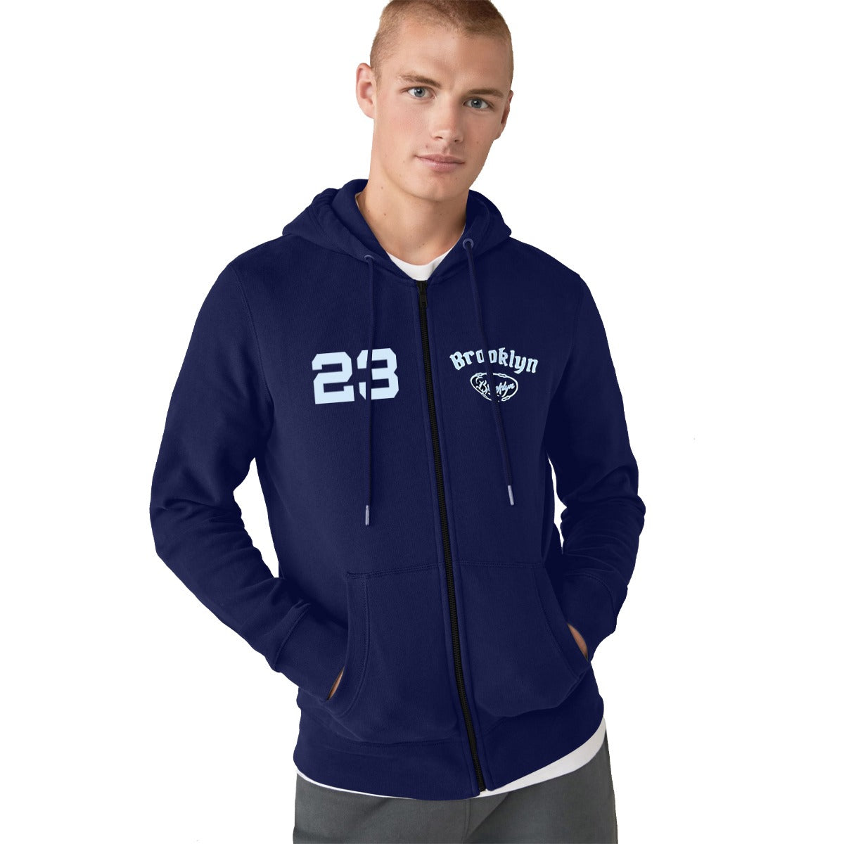 Men "Brooklyn" Printed Fleece Zip Up Hoodie - Navy