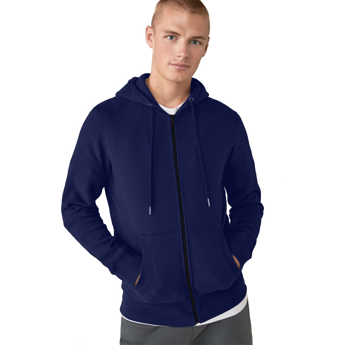 Men Plain Fleece Zip Up Hoodie - Navy