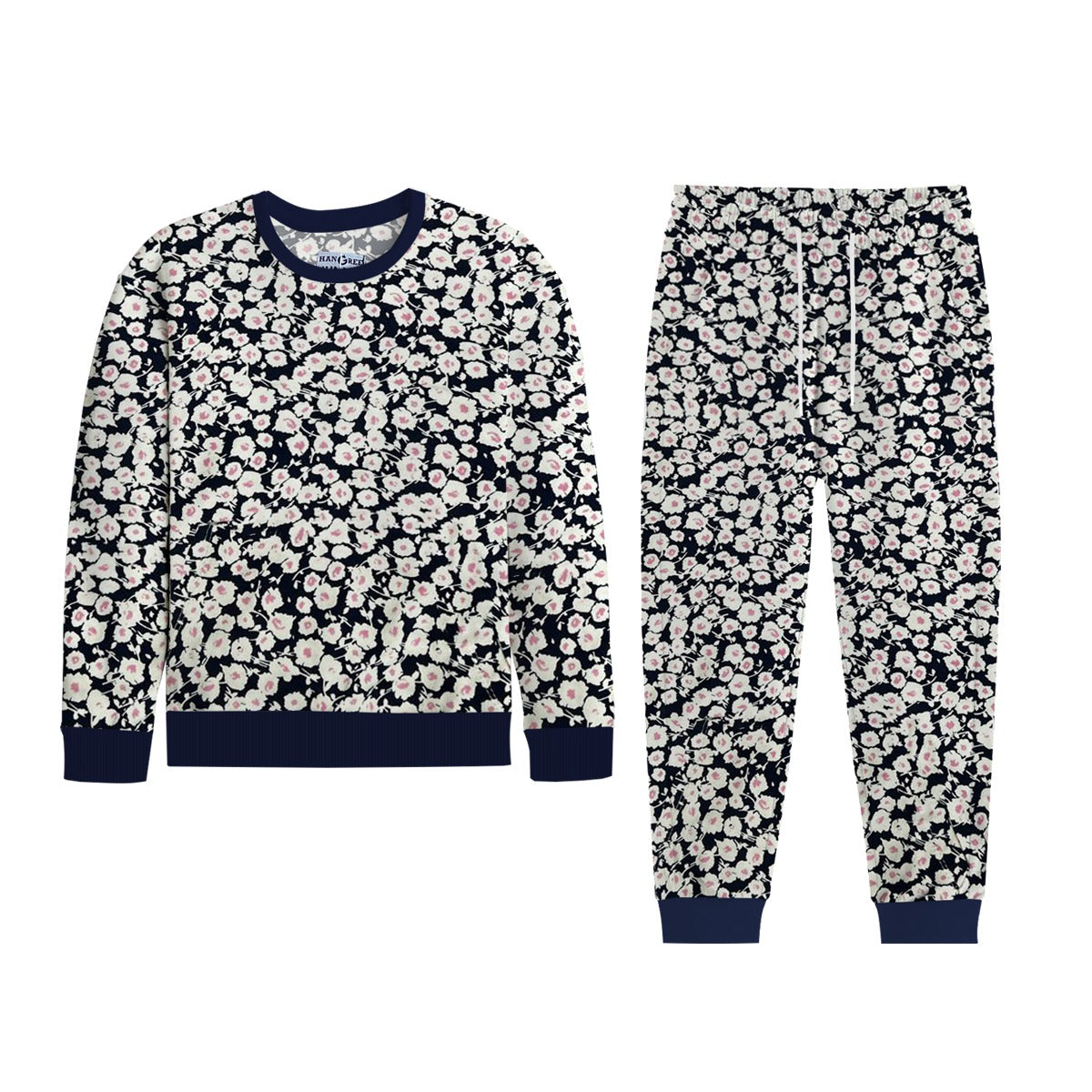 Girl's Allover Floral Printed Fleece Twin Set - Navy