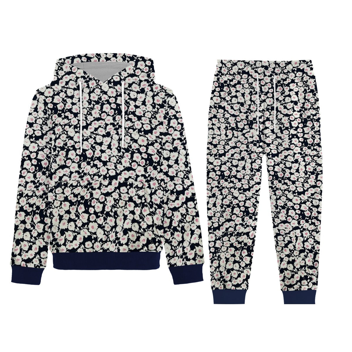Girl's Allover Floral Printed Fleece Hoodie Twin Set - Navy